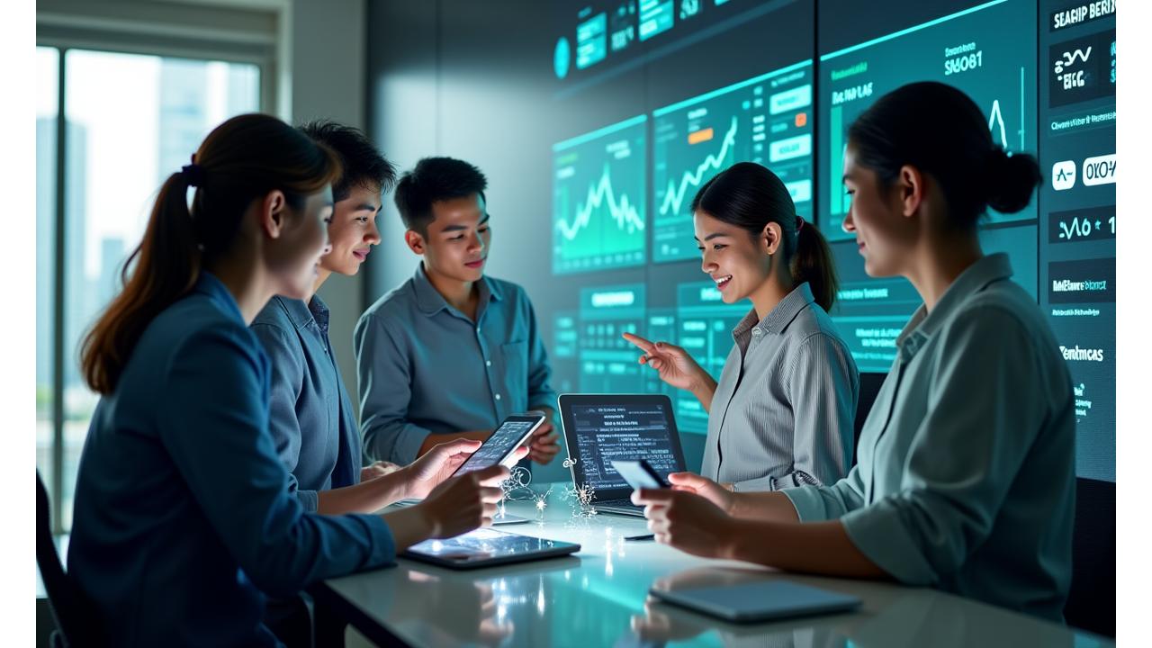 Diverse group of Singaporeans engaging with financial technology, showing collaboration and personalized learning on digital interfaces with charts and data overlays.