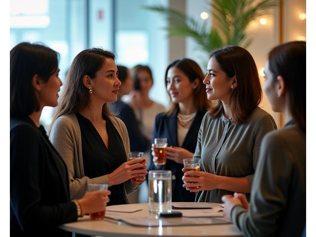 A group of professional women networking and engaging in discussions at a formal event, with soft lighting.